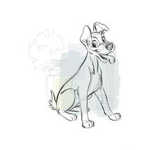 Schets van een zittende hond met een boom op de achtergrond