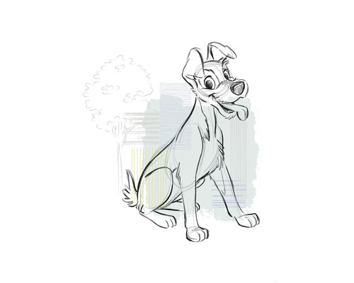 Schets van een zittende hond met een boom op de achtergrond