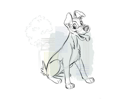 Illustratie van een zittende hond met boom op de achtergrond