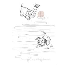 Illustratie van een kitten, een vlinder, een bolletje wol en een dalmatiër