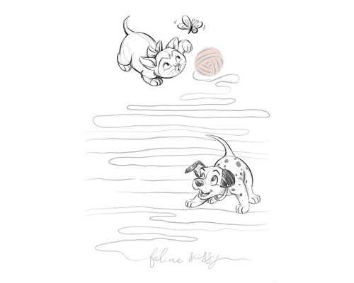 Illustratie van een kitten, een vlinder, een bolletje wol en een dalmatiër