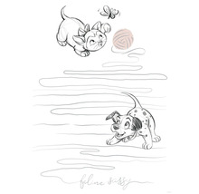 Schets van een spelende kat en een Dalmatische puppy met een vlinder en een bol wol