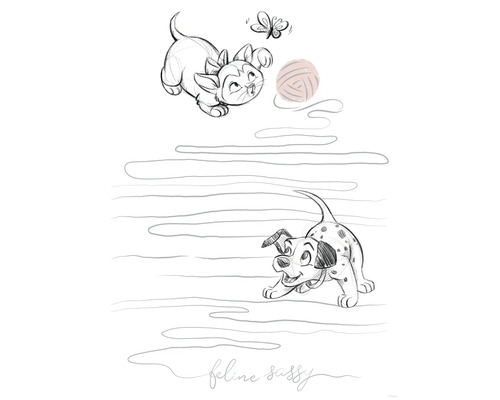 Schets van een spelende kat en een Dalmatische puppy met een vlinder en een bol wol