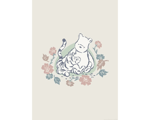 Illustratie van Winnie de Poeh en Knorretje omringd door bloemen