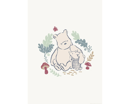 Illustratie van Winnie de Poeh en Knorretje met bladeren en paddenstoelen