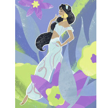 Illustratie van Jasmine, een Disney prinses, met bloemen op de achtergrond.