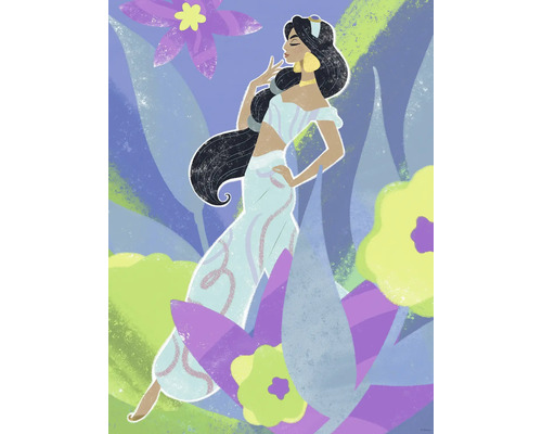 Illustratie van Jasmine, een Disney prinses, met bloemen op de achtergrond.