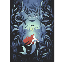 Illustratie van een zeemeermin onder de zee met een groot figuur op de achtergrond