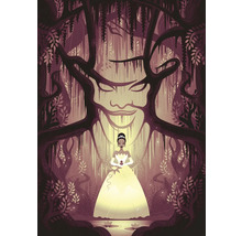 Illustratie van een vrouw in een jurk voor een boomgezicht in het bos.