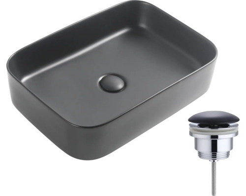 Rechthoekige keramische opzetwastafel met afvoergarnituur