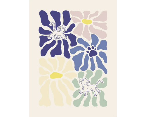 Illustratie met Simba figuren en bloemmotieven