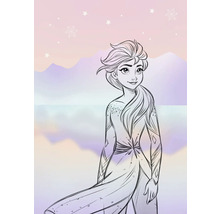 Illustratie van een jonge vrouw met lang haar en versierde kleding voor een berglandschap.