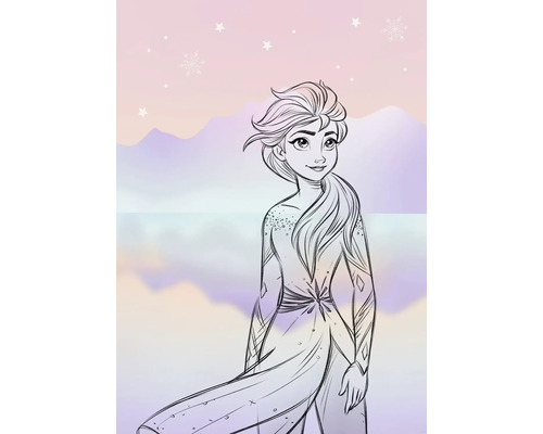 Illustratie van een jonge vrouw met lang haar en versierde kleding voor een berglandschap.