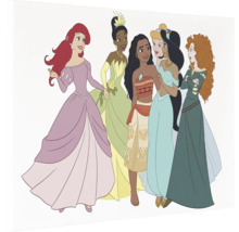 Illustratie van zes Disneyprinsessen, waaronder Ariël, Tiana, Vaiana, Assepoester, Jasmine en Merida.