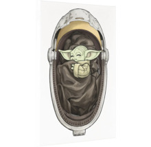 Illustratie van Baby Yoda die in een kinderwagen slaapt