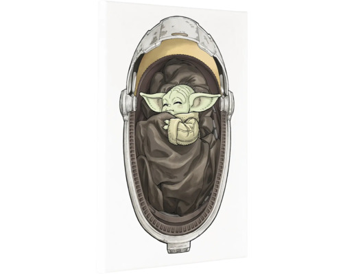Illustratie van Baby Yoda die in een kinderwagen slaapt