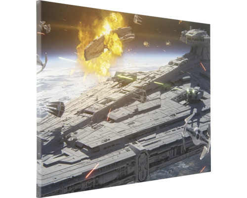 Canvas schilderij met een ruimteschipgevecht in de ruimte