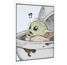 Geïllustreerde afbeelding van Baby Yoda in zijn kinderwagen met een vraagteken en een uitroepteken erboven