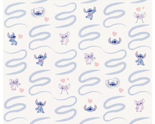 Behang met Stitch- en Angel-motieven en geschwungene lijnen