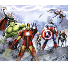 Illustratie van de Avengers superheldengroep met Thor, Hulk, Iron Man, Hawkeye, Captain America, Falcon, Black Widow