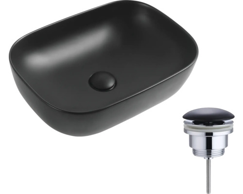 Zwarte opzetwastafel met afvoergarnituur