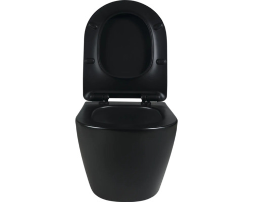 Zwart diepspoeltoilet met open toiletdeksel