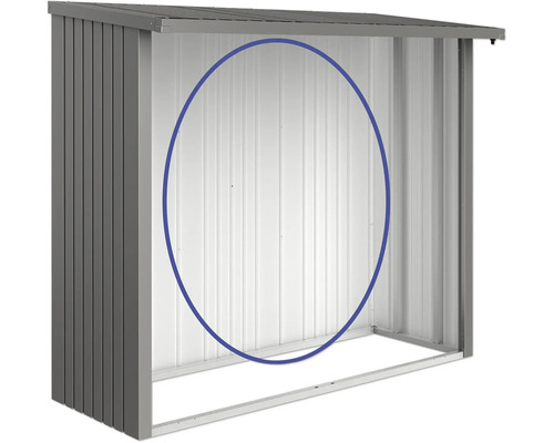 Open metalen gereedschapsschuur voor het opbergen van tuingereedschap