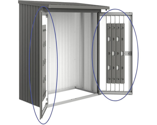 Geopende metalen gereedschapsschuur met schuifdeur