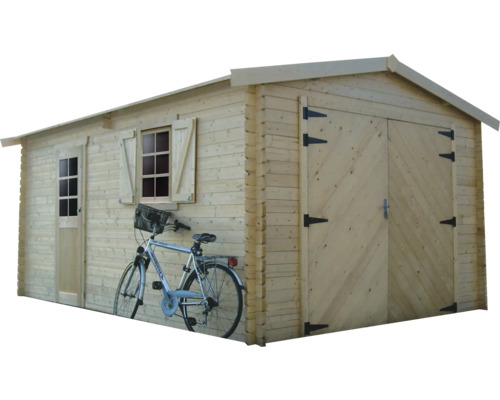 Houten tuinhuis met dubbele deur, raam en fiets