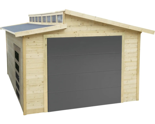 Houten garage met roldeur en ramen