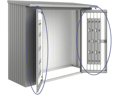 Metalen tuinhuis met openstaande dubbele deur