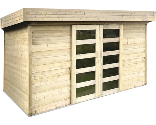 Houten tuinhuis met schuifdeuren en ramen