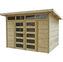 Houten tuinhuis met ramen en dubbele deur