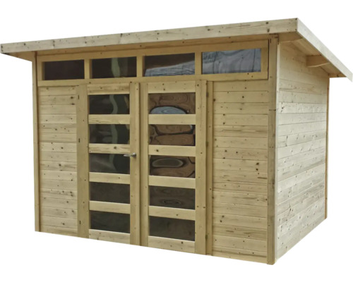 Houten tuinhuis met ramen en dubbele deur