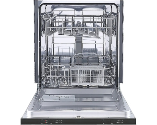 Geopende vaatwasser met metalen interieur, afwasmanden en bedieningspaneel