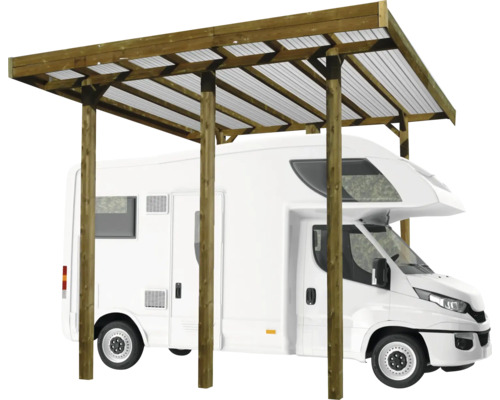 Houten carport met transparant dak en camper