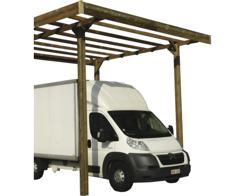 Houten carport met voertuig