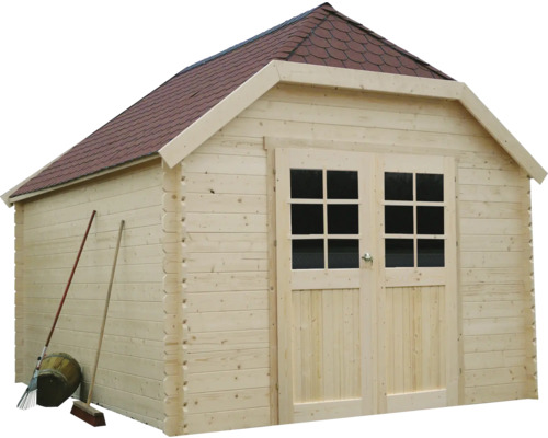 Houten tuinhuis met dubbele deur en zadeldak