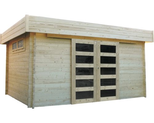 Houten tuinhuis met schuifdeur en ramen