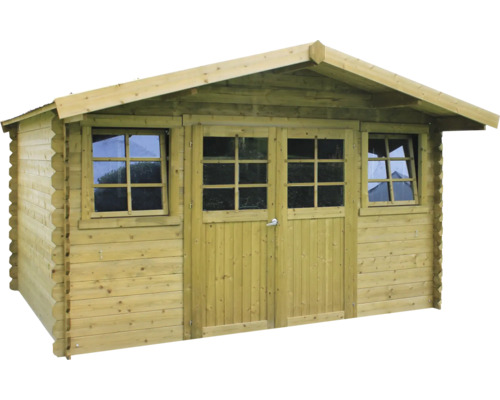 Houten tuinhuis met ramen en dubbele deur