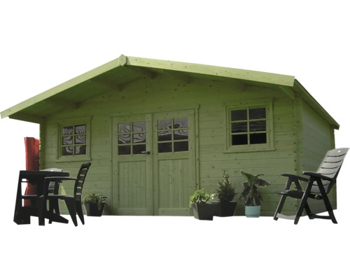 Houten tuinhuis met ramen en deuren