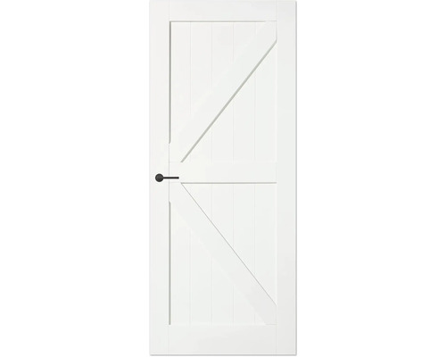 Witte houten deur met diagonaal ontwerp en deurklink