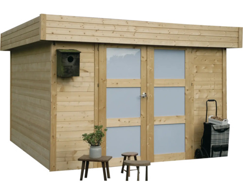 Houten tuinhuis met dubbele deur en vogelhuisje