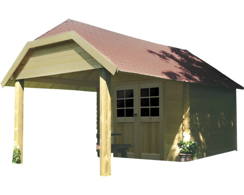 Houten tuinhuis met luifel en dubbele deur