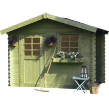 Tuinhuis met deur, raam, bloembakken en decoraties