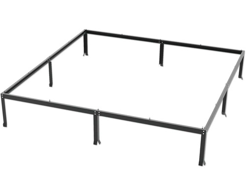 Zwart metalen bedframe met poten.
