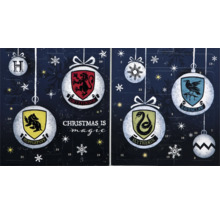 Harry Potter adventskalender met de wapenschilden van de huizen Gryffindor, Hufflepuff, Slytherin en Ravenklauw
