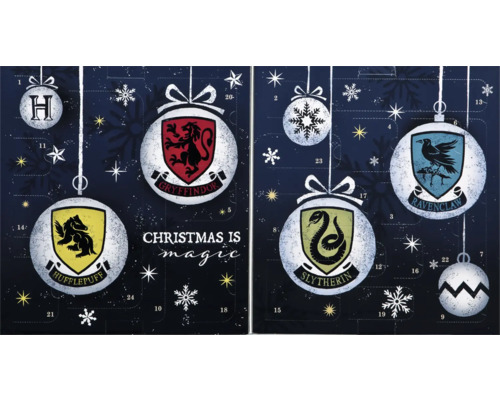Harry Potter adventskalender met de wapenschilden van de huizen Gryffindor, Hufflepuff, Slytherin en Ravenklauw