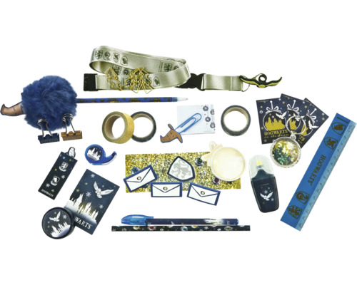 Bureauaccessoires met Harry Potter motieven, waaronder pennen, masking tape en lanyard