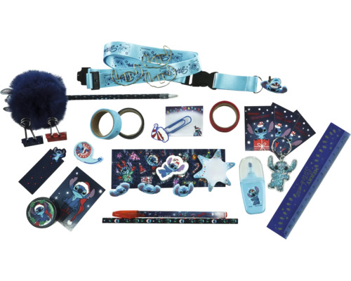 Schoolspullen met Stitch-motieven, waaronder notitieblokken, pennen, plakband, liniaal en sleutelhangers